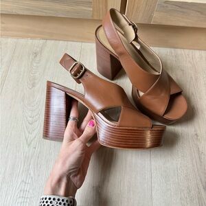 MICHAEL Michael Kors Tan Heels with Chunky Heel and Crisscross Straps